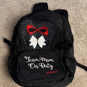 NFINITY Black Sparkle Backpack  (added bling and white bow) “team mom on duty”